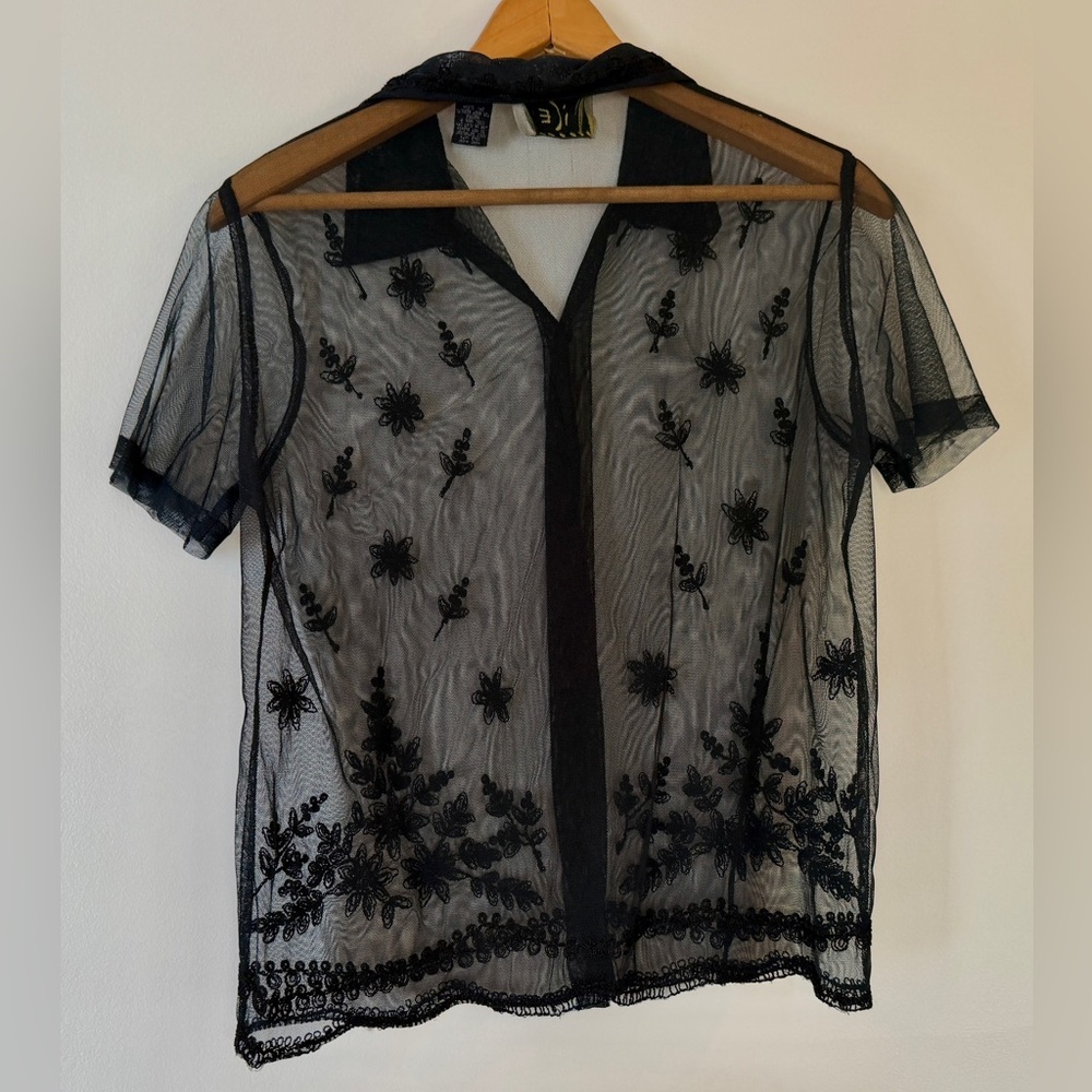 Vintage Sheer Black Embroidered Button Up Shirt Small Y2K Whimsigoth Mesh Floral - Picture 6 of 7
